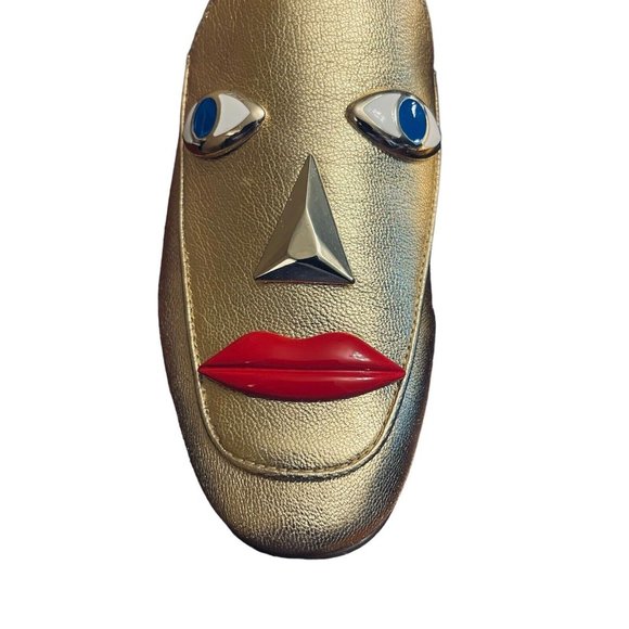 Katy Perry THE RUE Gold Mules Slides Size 6 Party Fun Artsy 3D Modern Glam Face - Picture 7 of 13